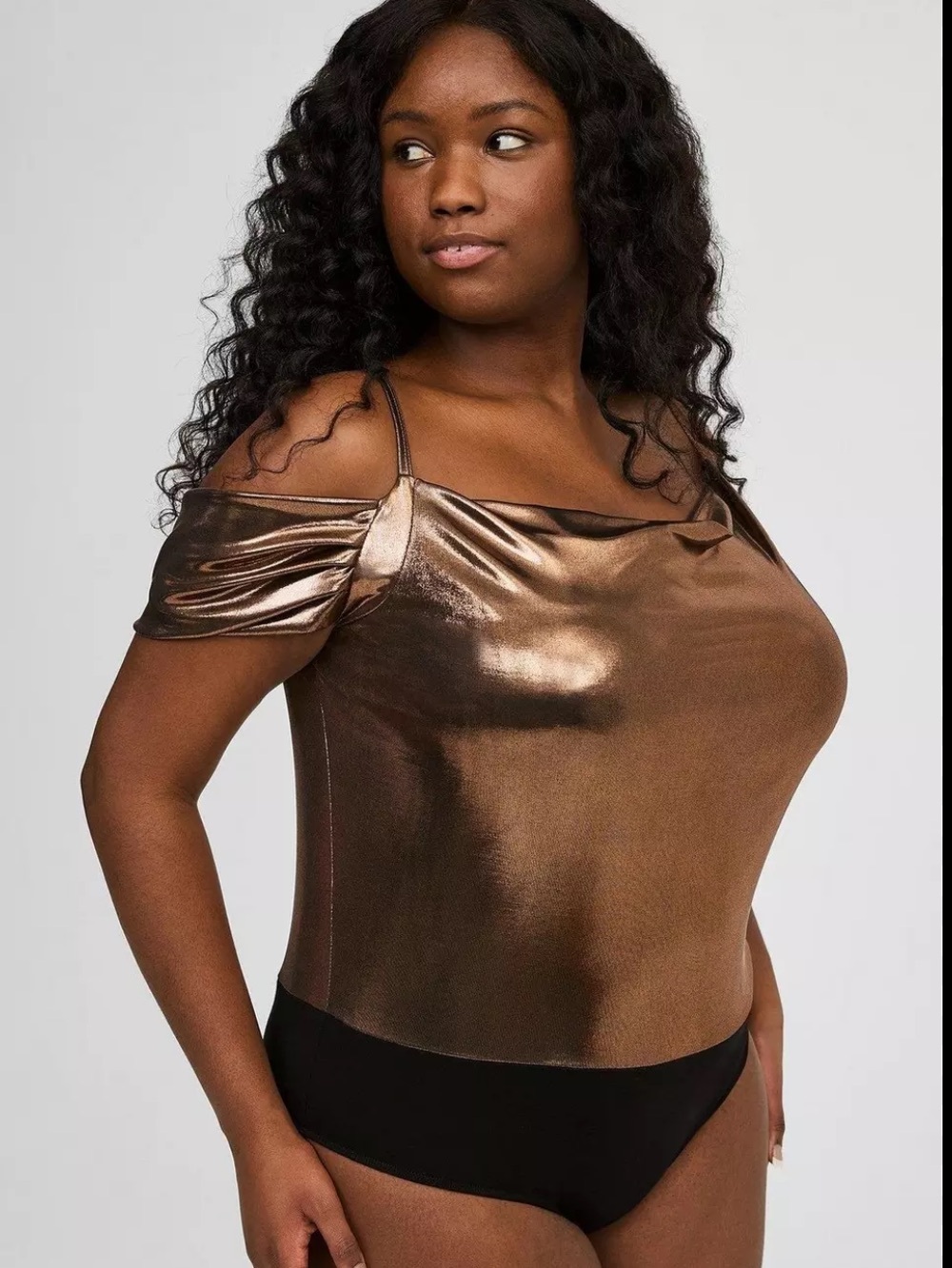 NWT Torrid Liquid Shine Bodysuit Bronze Metallic Cold Shoulder 4X 26